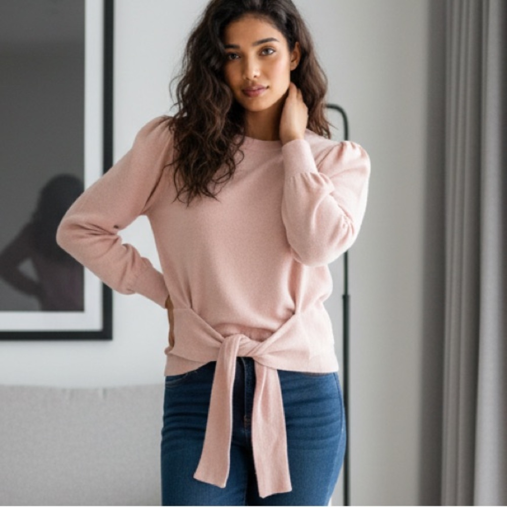 BLACK LABEL Lauren Ralph Lauren tie waist puffed shoulders pink sweater sz Lg